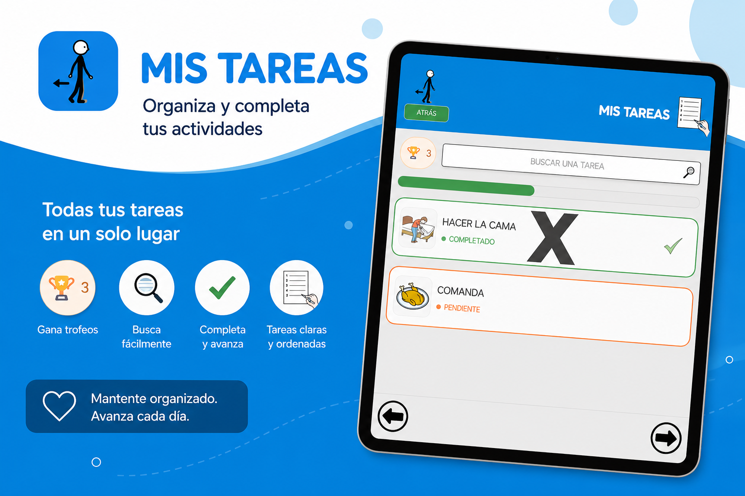 Captura de pantalla de Apprendo mostrando tareas diarias y navegación adaptada.